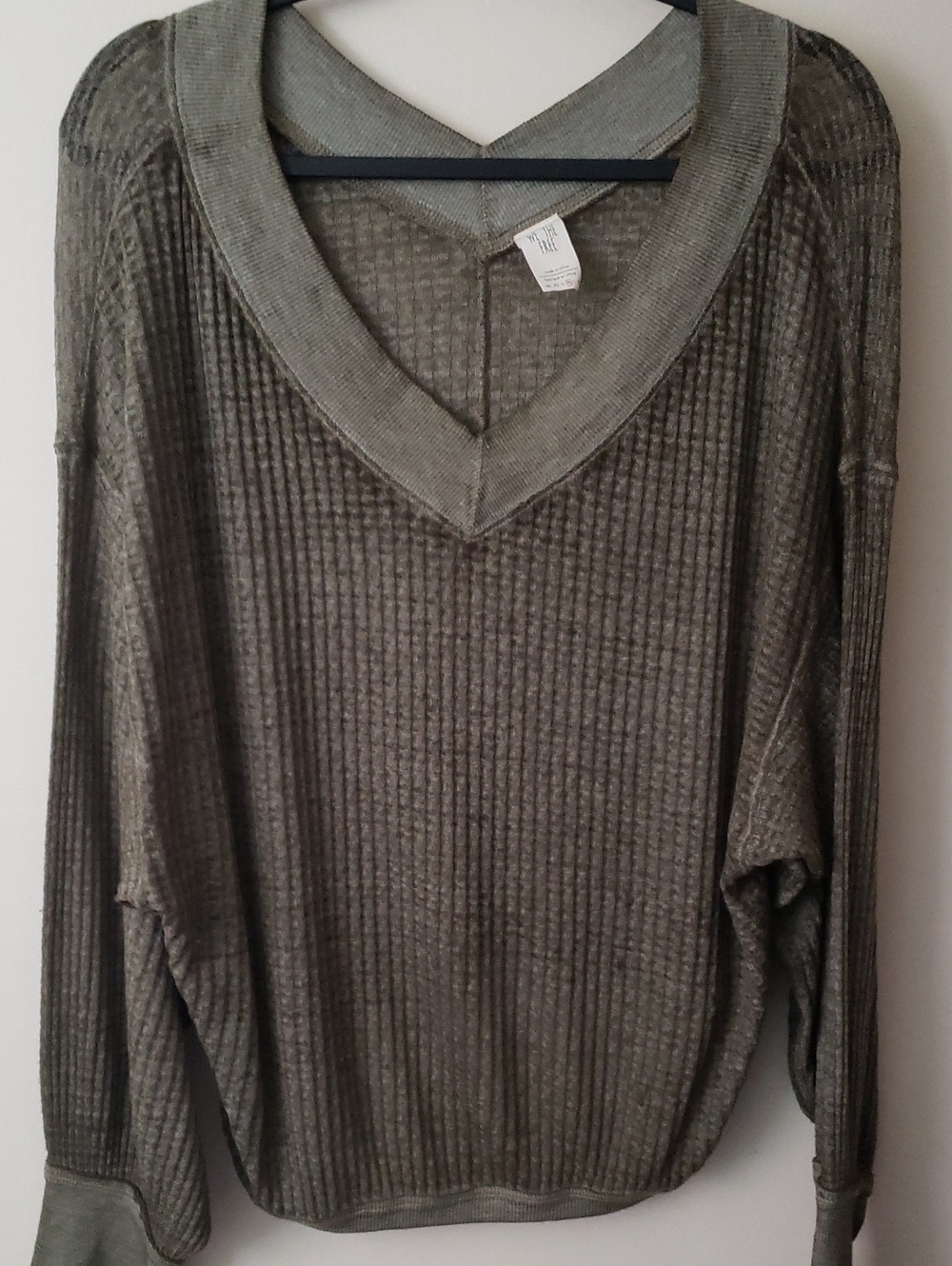 We The Free Olive Green Ribbed/Waffle Knit V-Neck Shirt